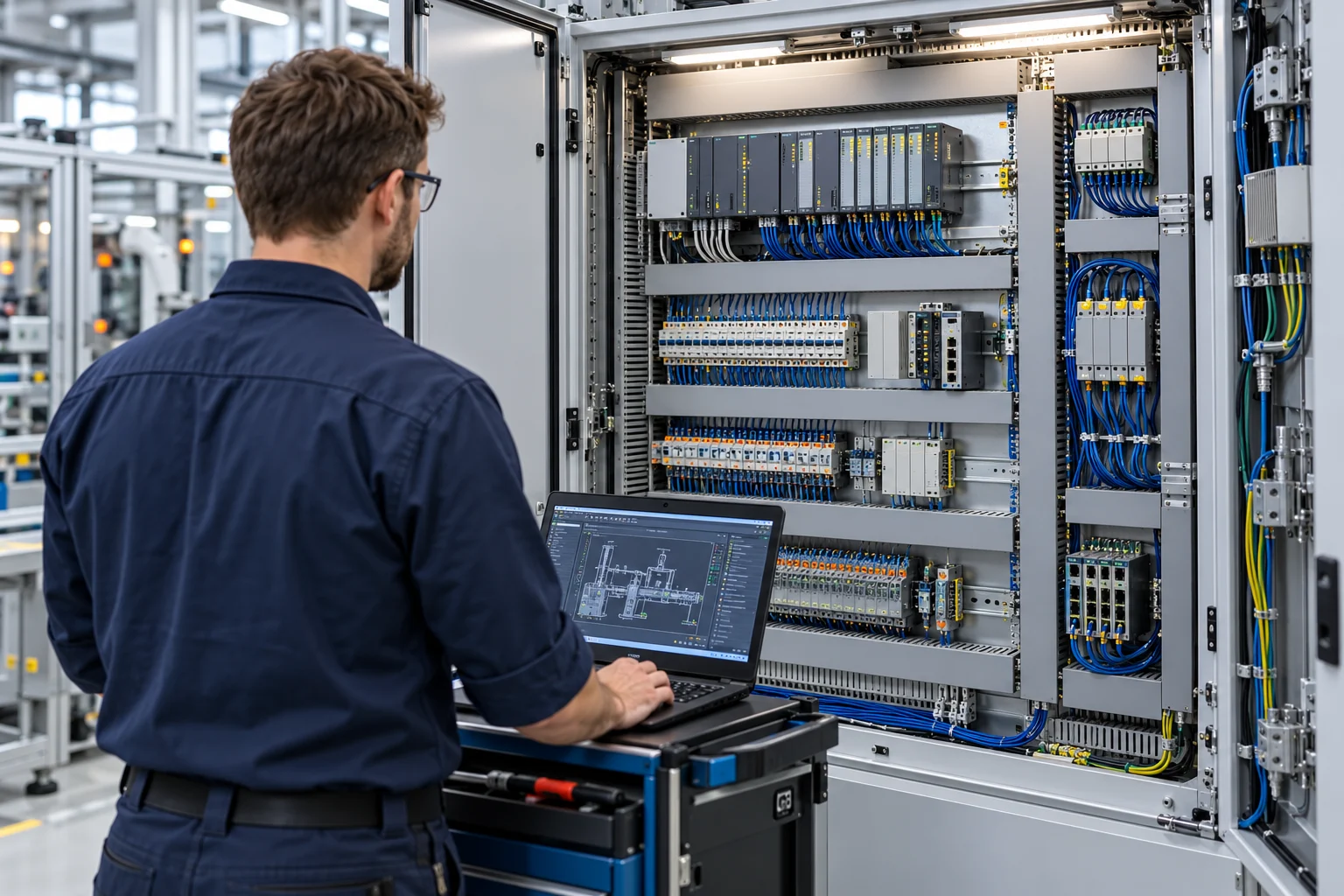 Illustration d’un technicien devant une armoire d’automatisation