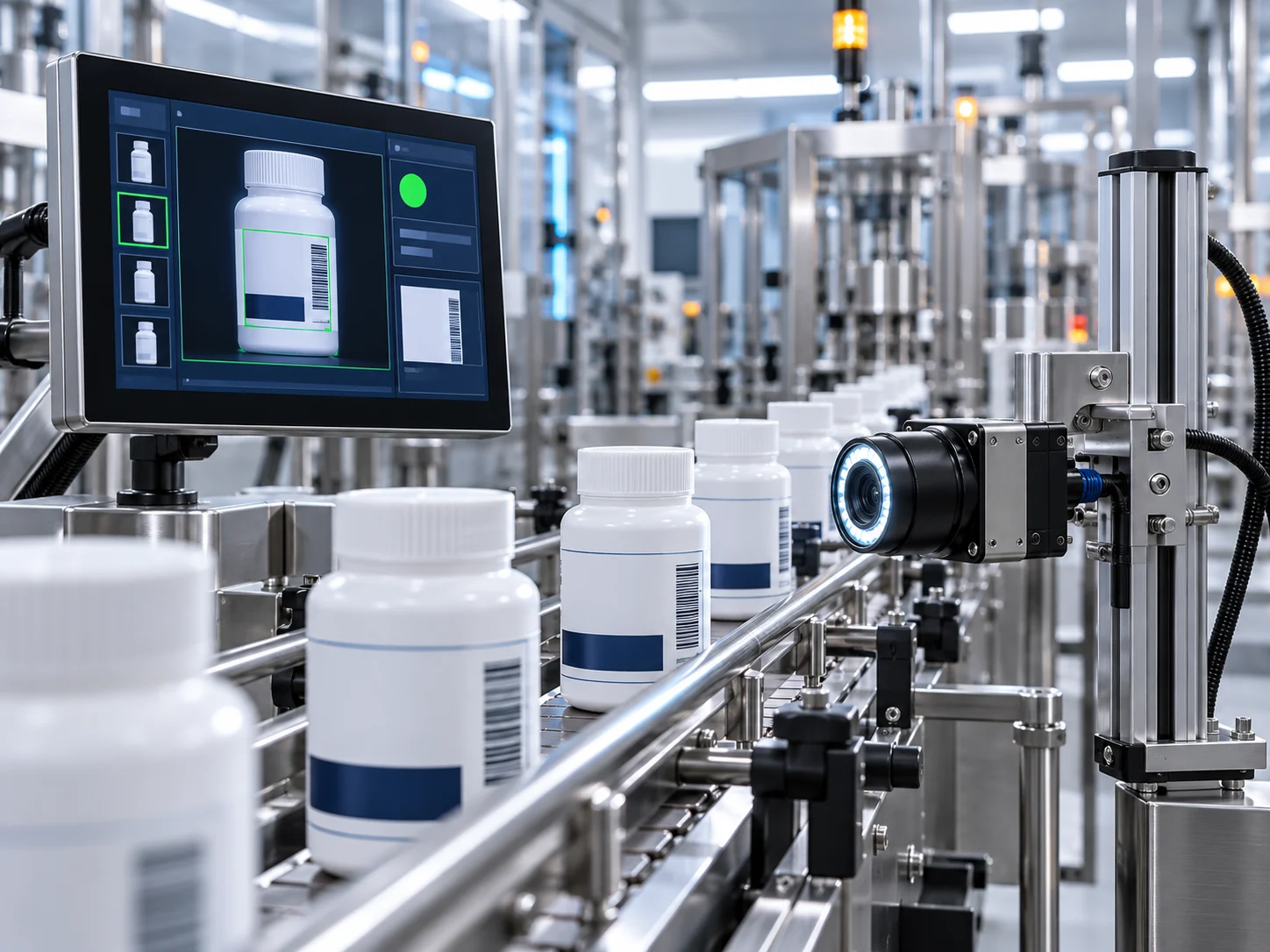 Illustration d’une inspection de flacons pharmaceutiques